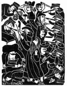 Cadre qui utilise la technique de la peinture typique du nord-est du Brésil, connue sous le nom "Xilogravura" qui met en scène la Guerre de Canudos 