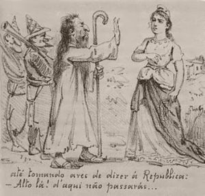 Représentation publiés dans les journaux dans le sud du Brésil, montrant Antônio Conselheiro et sa lutte contre le Brésilien République
