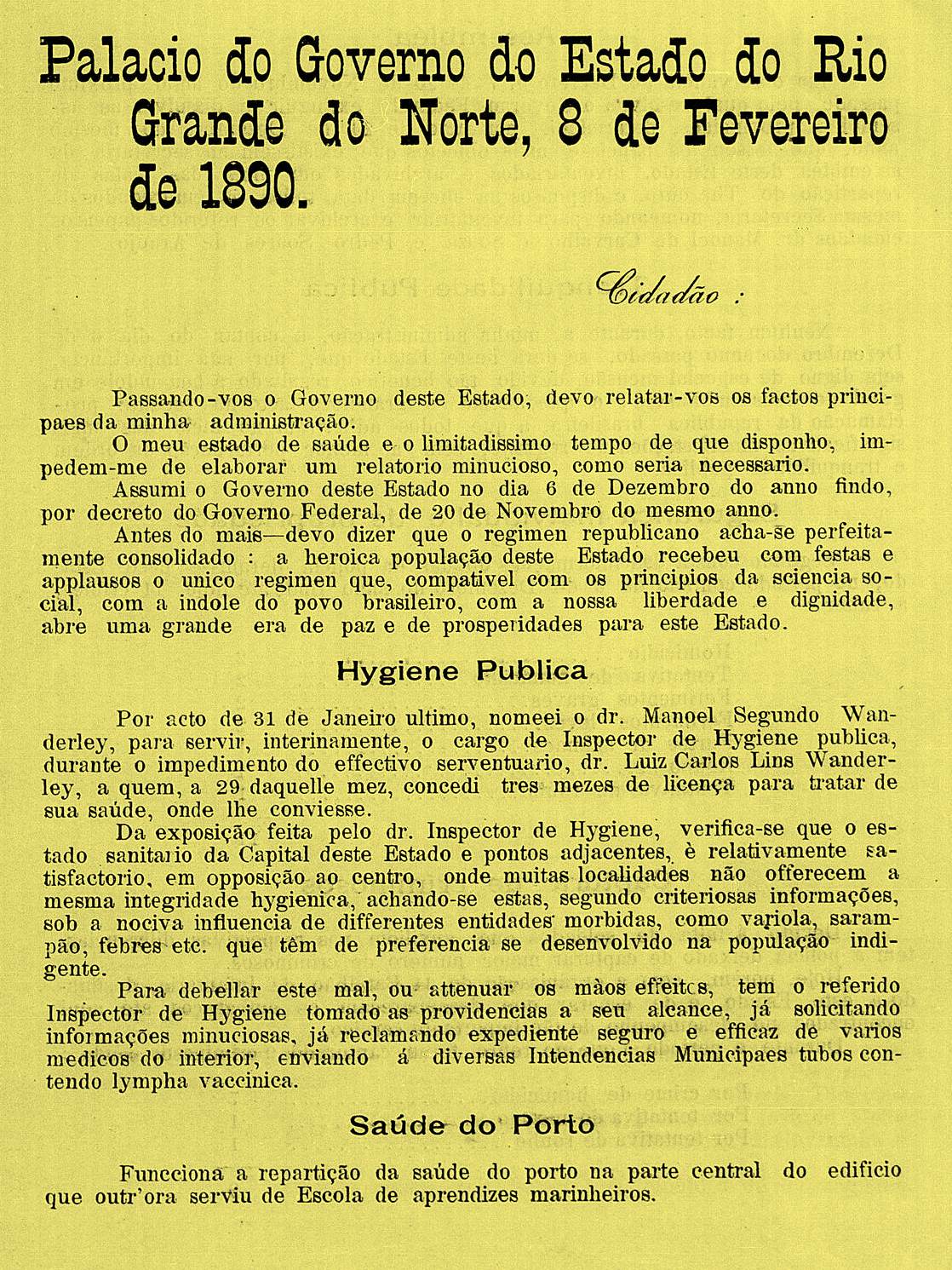 Como o então governador Adolfo Affonso da Silva Gordo viu a higiene no centro de Natal