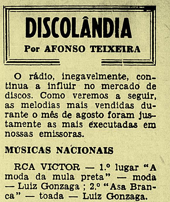 Outubro de 1948. A conceituda "Revista do Rádio", aponta Luiz Gonzaga, artista da RCA Victor, emplacando os primeiros lugares da venda de discos 