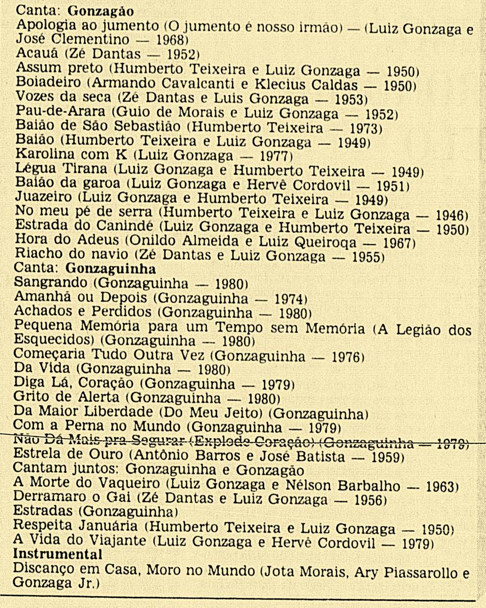 RElação das músicas e sequência como elas foram cantadas no show de Gonzagão & Gozaguinha no Rio de Janeiro - Jornal do Brasil - Caderno B - 13-01-1982, 