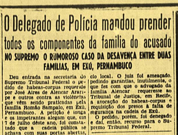 A luta em Exu, entre as famílias Alencar e Sampaio, repercutia fortemente no Rio de Janeiro em 1949. Jornal carioca "A Manhã", 06-11-1949.