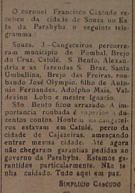 Informe de Simplício Cascudo sobre ataque de cangaceiros na Paraíba e publicado em Natal