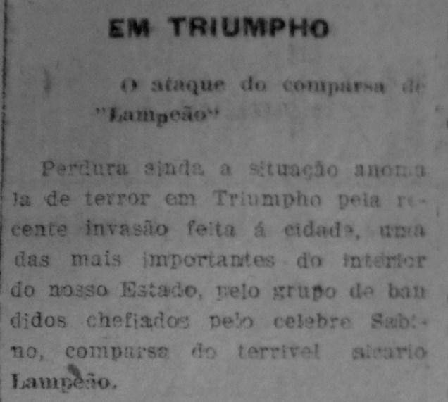 Início da extensa reportagem divulgada no jornal recifense “A Província”,  edição do dia 10 de julho de 1926, dando conta do ataque de Sabino a Triunfo.