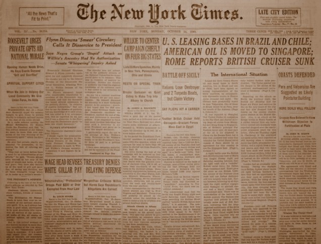 Natal no The New York Times, 14 de outubro de 1940, já falando do empréstimo das bases aéreas no Brasil. 