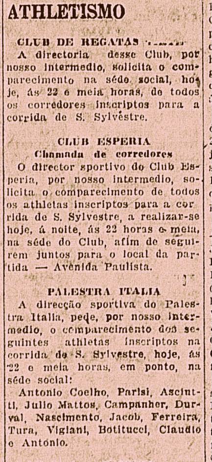 Convocacao feita por clubes em jornais paulistanos da decada de 1920, para seus filiados participarem da Corrida de Sào Silvestre 