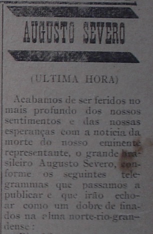 Primeira notícia publicada no jornal A Republica de Natal, sobre a morte do aviador - Coleção Tok de História