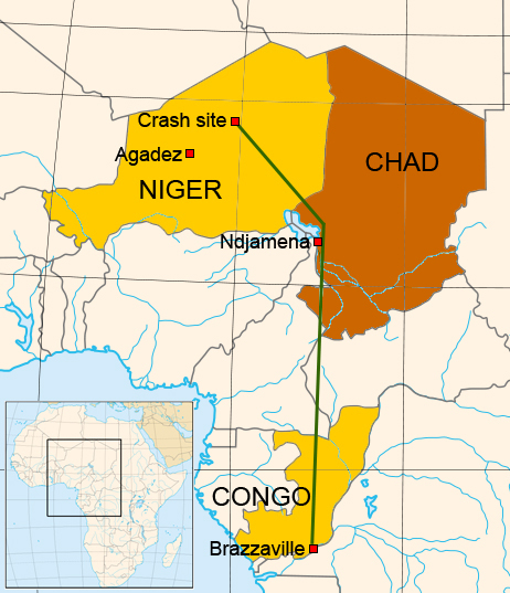 Local dos acontecimentos - Fonte - http://pt.wikipedia.org/wiki/Voo_UTA_772#mediaviewer/Ficheiro:Map_of_UTA_Flight_772.jpg