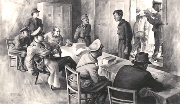 Nesta cena de uma aquarela de Wladyslaw Siwek, um homem está sendo interrogado no Bloco 11, usado para julgar os processos contra prisioneiros. O homem retratado sentado, com o braço na cadeira, é o Untersturmführer Maximilian Grabner, Diretor do Departamento Político. A quem o teuto-brasileiro Perry Broad estava subordinado. Quase todos os que passavam por este interrogatório foram logo levados para uma sala de espera e, em seguida, para o pátio do Bloco 11. Ali eles eram fuzilados contra a parede da morte, normalmente com um tiro na parte de trás da cabeça ou no pescoço. As pessoas às vezes eram executadas por infrações menores, como roubar pão, ou roupa - Fonte - tejiendoelmundo.wordpress.com