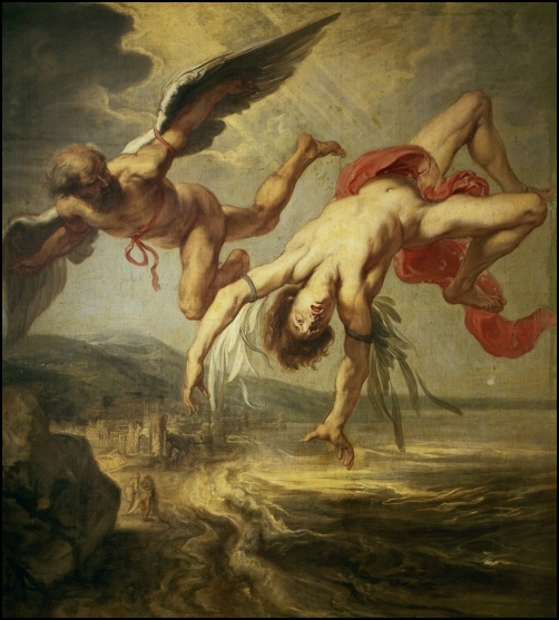 Pintura do holandes Jacob Peter Gowi, denominada "A queda de Ícaro". Do século XVII, se encontra no Museu do Prado, Madrid e retrada o antigo sonho do homem de voar através da história da fuga de Ícaro e Dédalos.