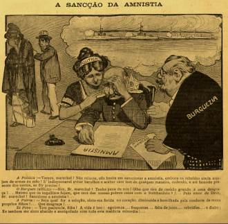 Caricatura da revista "O Malho" de novembro de 1910, mostrando a anistia para os marinheiros rebelados.