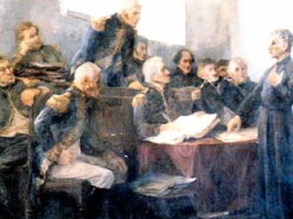 O Carmelita Miguel de Almeida e Castro, conhecido como Frei Miguelinho, era potiguar de Natal e teve participação ativa na revolta de 1817 em Pernambuco. O quadro mostra seu julgamento em Salvador, onde foi condenado a morte pelo fuzilamento e a pena cumprida no dia 12 de junho de 1817. É nome de cidade em Pernambuco e muito cultuado no Rio Grande do Norte.