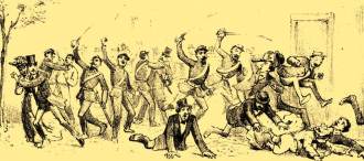 Conflito armado entre militares e civis brasileiros, no período da Guerra do Paraguai. Esta cena poderia ser parecida com a ocorrida no conflito do antigo teatro.