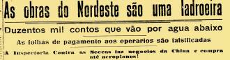 Manchete de 1925 sobre os problemas administrativos das grandes barragens no Nordeste