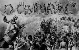 Visão geral da folia de 1886, em O Mequetrefe. Através dos Cucumbis, setores da população negra se faziam presentes no debate sobre a participação dos ex-escravos na sociedade. (Imagem: Fundação Biblioteca Nacional) 