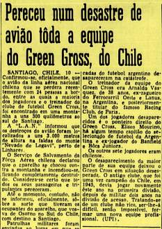 Jornal Correio da Manhã de 1961, comn a notícia do desaparecimento da aeronave. O nome estampado "Green Gross", na verdade é "Green Cross".