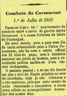 Nota do o jornal paranaense “A República”, durante a comemoração do cinquentenário do Incidente de Paranaguá, em 1 de julho de 1900