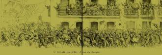 No traço de Ângelo Agostini, a Rua do Ouvidor no carnaval de 1884. A passagem das sociedades organizadas de foliões por esta rua tinha como objetivo civilizar o carnaval carioca. (Imagem: Fundação Biblioteca Nacional)