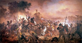 As Batalhas dos Guararapes, episódios decisivos na Insurreição Pernambucana, são consideradas a origem do Exército Brasileiro. Quadro de Domingos Meireles - Fonte - pt.wikipedia.org