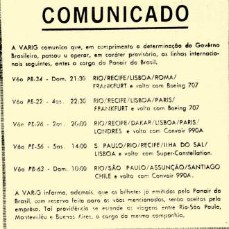 Após o fim da PANAIR, a empresa aérea VARIG e comunicou ao público.