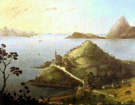 Vista da entrada do Rio de Janeiro com o Pão-de-Açúcar e a Igreja da Glória do Outeiro, óleo do inglês Robert Dampier.