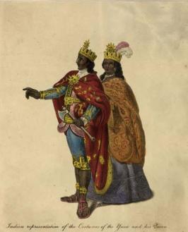 Representação das roupas do casal real Ynca e Coya. Suas coroas ostentam o emblema do sol, a quem eles adoravam como um deus. (Hulton Archive / Getty Images) - Fonte - httphistory.howstuffworks.com