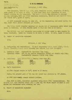 Diário de bordo do USS Omaha, comentando sobre o encontro com o General Mann e suas escoltas brasileiras