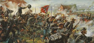 General William Barksdale, das forças sulista, conduzindo sua brigada no combate de Gettysburg - Pintura de Don Troiani