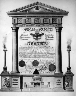 31st May 1913: Certificate of the High order of the Freemasons of 33rd rite in Scotland written in German. In English the document goes in to state, 'In the name and under the auspices of the temporarily United Sovereign Sanctuaries of the Ancient & Primitive Rite of Masonry in & for Great Britain and Ireland and in & for the German Empire. (Photo by Hulton Archive/Getty Images)
