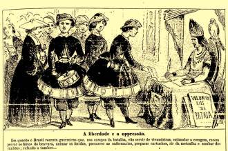 A imagem publicada na Semana Ilustrada, em 1865, mostra as vivandeiras da Guerra do Paraguai: mulheres que acompanhavam os deslocamentos das tropas de infantaria, vendendo alimentos e outros artigos aos soldados. (Imagem: FUNDAÇÃO BIBLIOTECA NACIONAL)