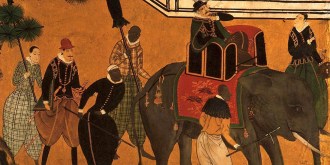 Comerciantes portugueses acompanhados por escravos africanos e uma mistura variada de mercadorias exóticas, por Kano School (século 17) - Fonte - http://enterjapan.me/yasuke/ 