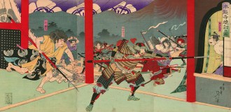 O fogo e ataque a Honnō-ji 「本能 寺 焼 討 之 図」, por Toyohara Chikanobu 「豊 原 周延」 (1896) - Fonte - http://enterjapan.me/yasuke/ 