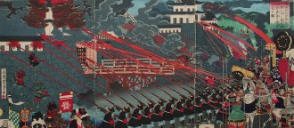 O exército de Nobunaga estabelece cerco a numerosos castelos, por Utagawa Yoshitora 「歌 川 芳 虎」 (1871) - Fonte - http://enterjapan.me/yasuke/ 