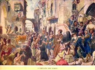 A aquarela 'A Expulsão dos Judeus', do artista português Roque Gameiro, retrata a história da Inquisição em Portugal - Foto: Reprodução