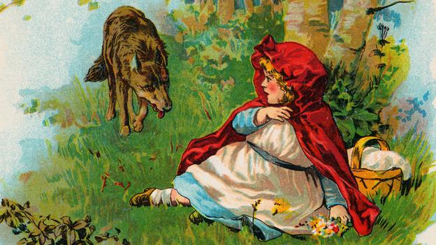 Illustration of Wolf Approaching Little Red Riding Hood