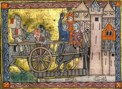 An undated handout photos shows Lancelot &amp; Gawain in a cart being pelted with filth